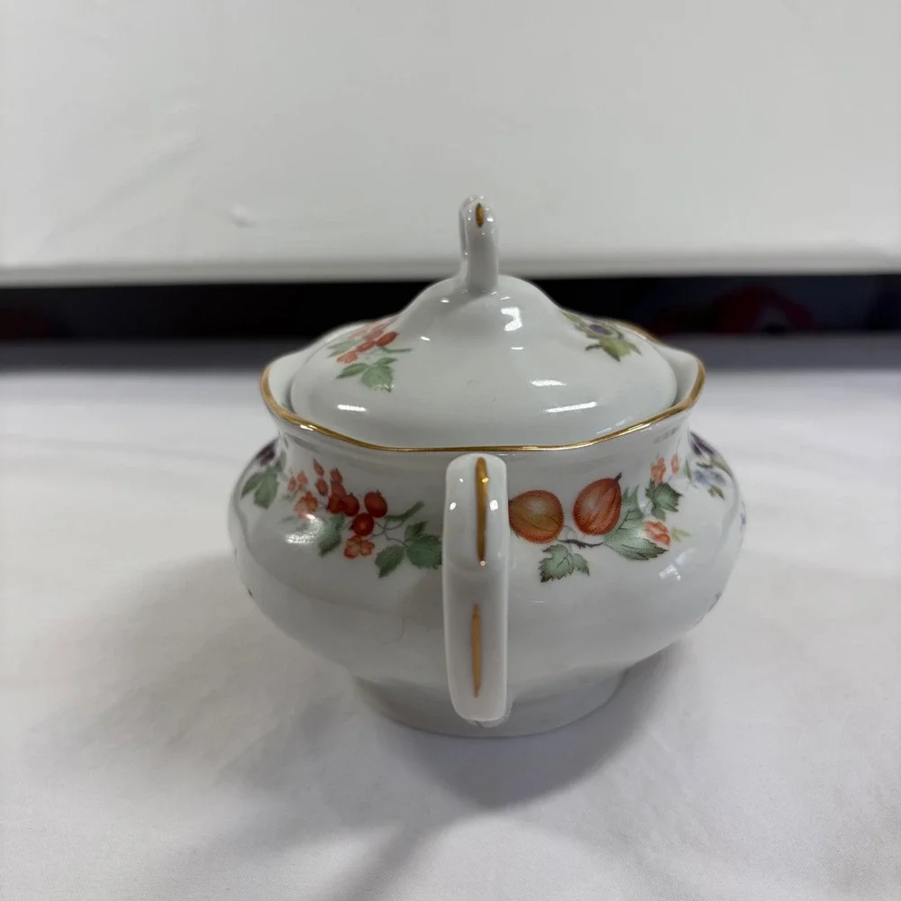 Karolina Poland Porcelain Sugar Bowl and Creamer Set Fruit Floral Gold Trim